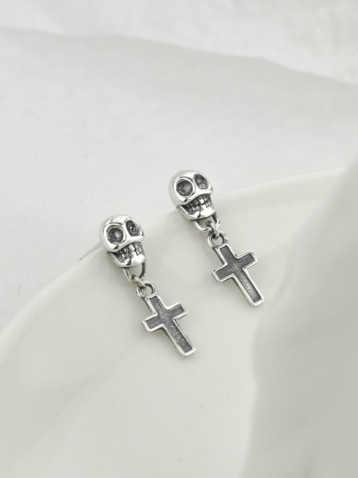 SHUI Vintage Sterling Silver With Antique Silver Plated Trendy Skull  Cross Drop Earrings 4