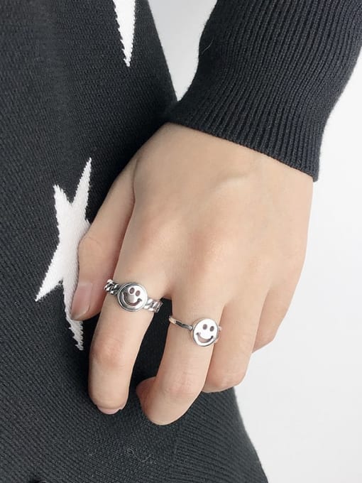 SHUI Vintage Sterling Silver With Platinum Plated Fashion Face Free Size Rings 3