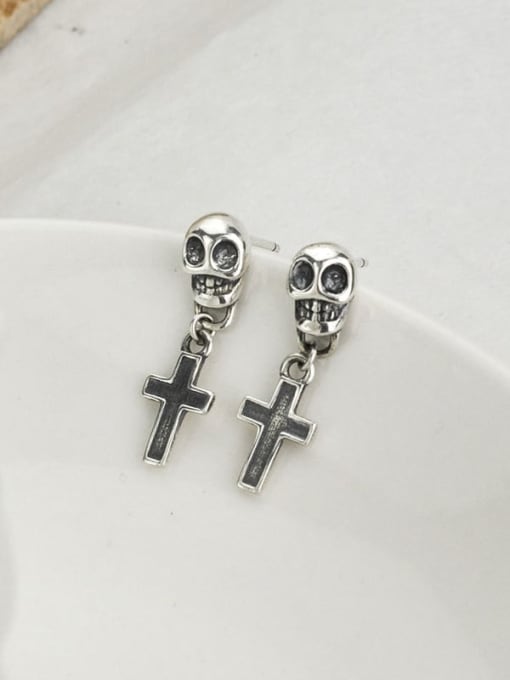 SHUI Vintage Sterling Silver With Antique Silver Plated Trendy Skull  Cross Drop Earrings 3