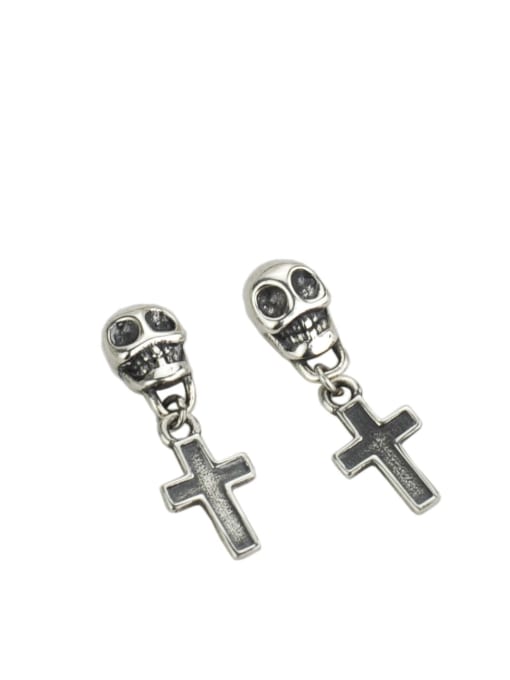 SHUI Vintage Sterling Silver With Antique Silver Plated Trendy Skull  Cross Drop Earrings 0