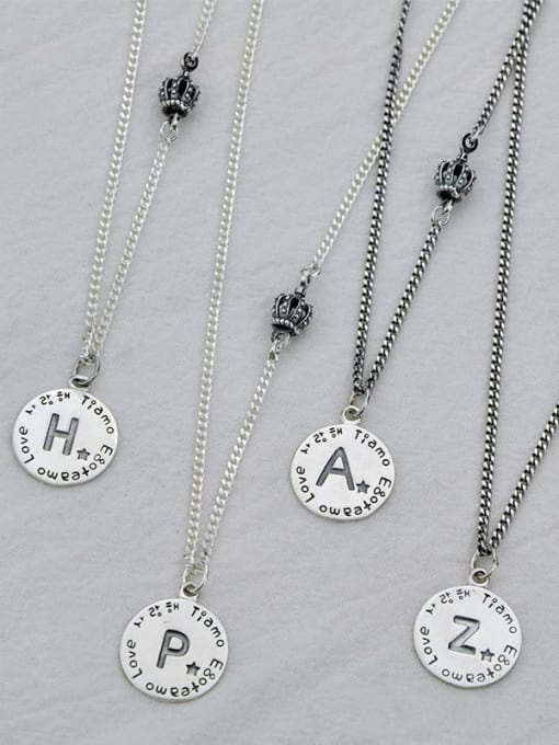 SHUI Vintage Sterling Silver With Antique Silver Plated Simplistic Round Simple Old Letters  Necklaces 4