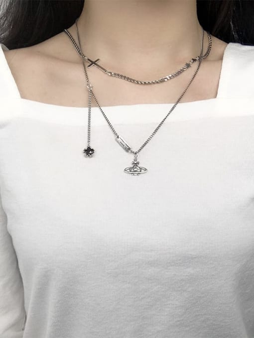 Chain 1 (Cross Star Globe) Vintage Sterling Silver With Antique Silver Plated Fashion Cross  Chain Necklaces