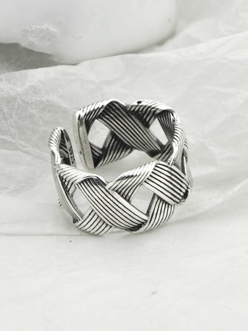 SHUI 925 Sterling Silver With  Vintage Twine Hollow Geometric Free Size Rings 3