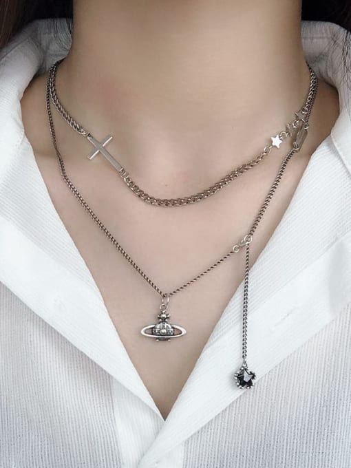 SHUI Vintage Sterling Silver With Antique Silver Plated Fashion Cross  Chain Necklaces 2