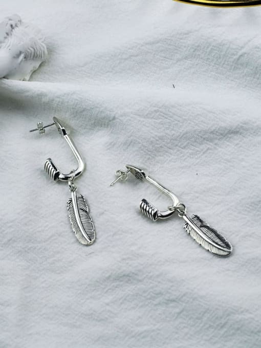 SHUI Vintage Sterling Silver With Antique Silver Plated Fashion Feather Clip On Earrings 3