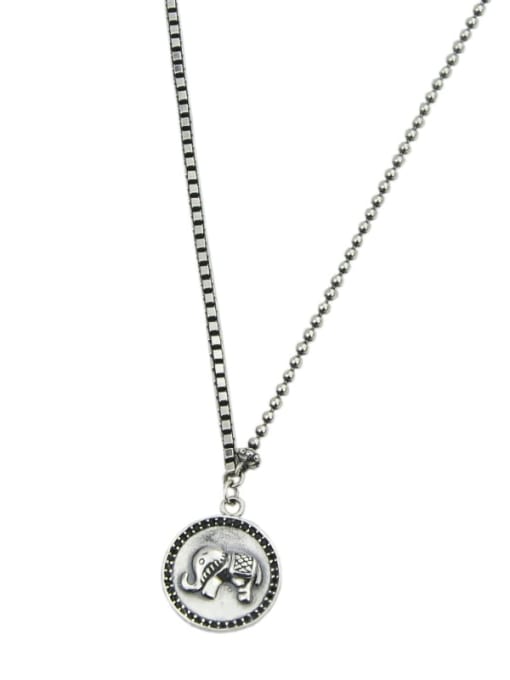 SHUI Vintage Sterling Silver With  Fashion Round Card Elephant  Pendant  Necklaces