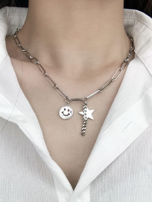 SHUI Vintage Sterling Silver With Antique Silver Plated Fashion Smiley stars Necklaces 1