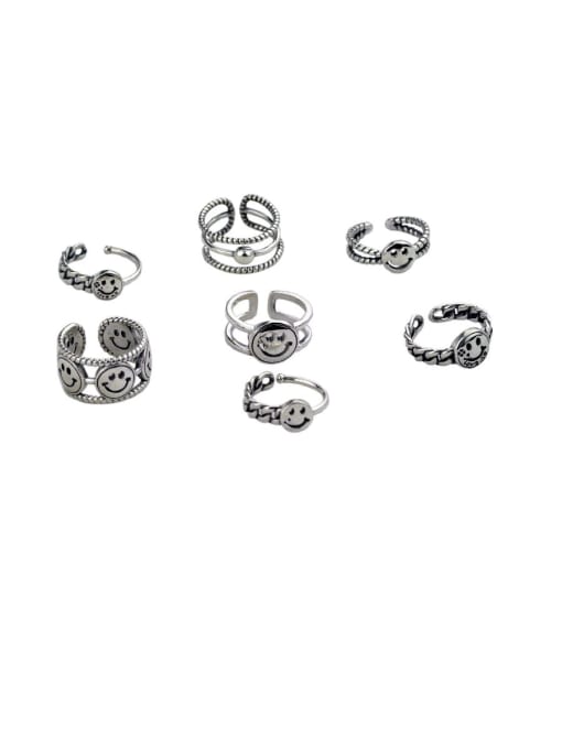 SHUI Vintage Sterling Silver With Antique Silver Plated Fashion Smiley Free Size Rings 0