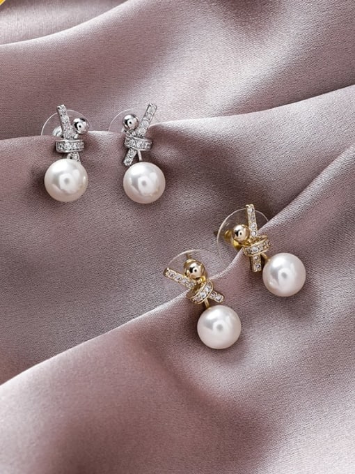 Girlhood Alloy With Gold Plated Classic Small Pearl Knot Drop Earrings 0