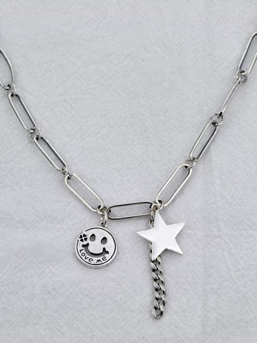 SHUI Vintage Sterling Silver With Antique Silver Plated Fashion Smiley stars Necklaces 0