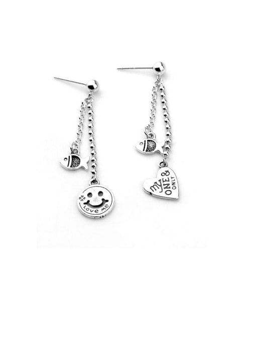 SHUI 925 Sterling Silver With Simple Smiley Lettering Love Fish Asymmetric Earrings 0