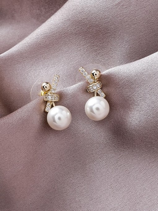 A gold Alloy With Gold Plated Classic Small Pearl Knot Drop Earrings