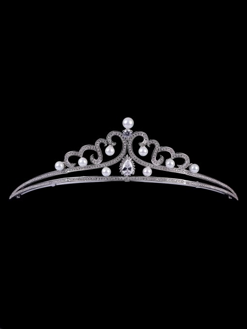 Bride Talk Platinum Plated Stylish Zircon Pearl Wedding Crown 0