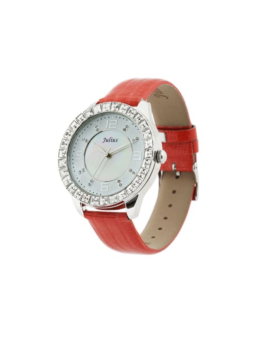 JULIUS Fashion Red Alloy Japanese Quartz Round Genuine Leather Women's Watch 40-43.5mm 0