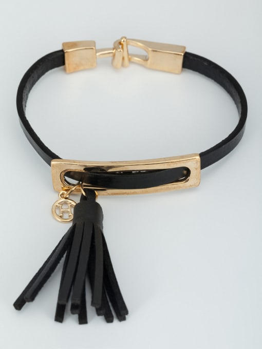 Lauren Mei Blacksmith Made Gold Plated  Bracelet  Black Leather tassels