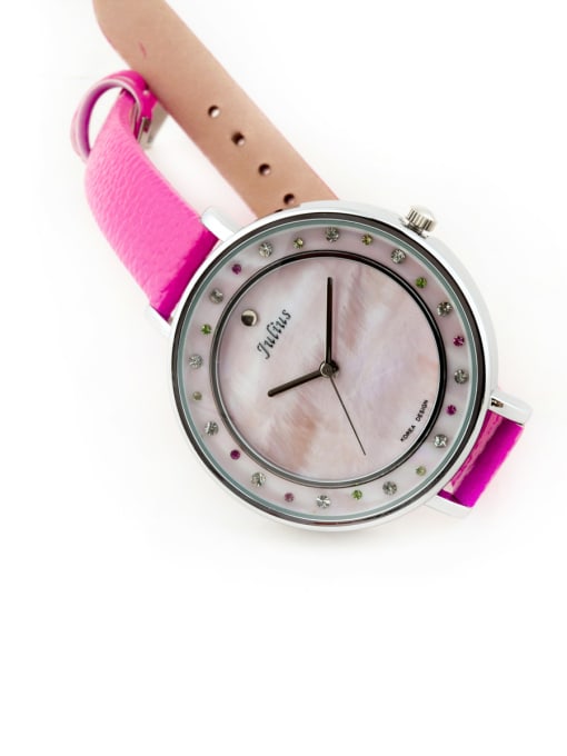 JULIUS Fashion Pink Alloy Japanese Quartz Round Genuine Leather Women's Watch 24-27.5mm