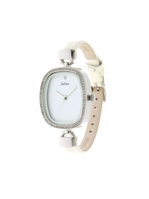 JULIUS Model No 1000003258 Fashion White Alloy Japanese Quartz Square Genuine Leather Women's Watch 24-27.5mm 0