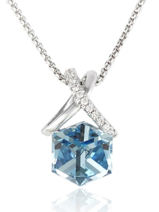 Blue Copper White Gold Plated Cube-shaped Crystal Necklace