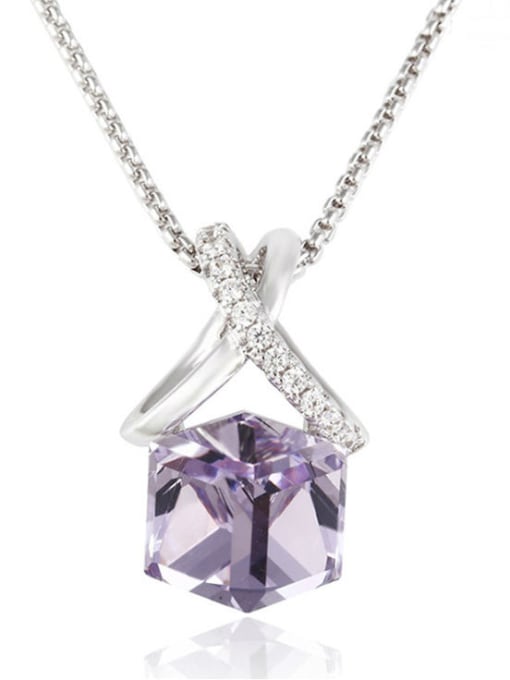 Purple Copper White Gold Plated Cube-shaped Crystal Necklace