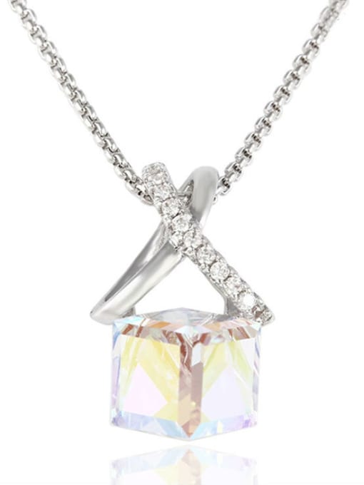 AB Color Copper White Gold Plated Cube-shaped Crystal Necklace