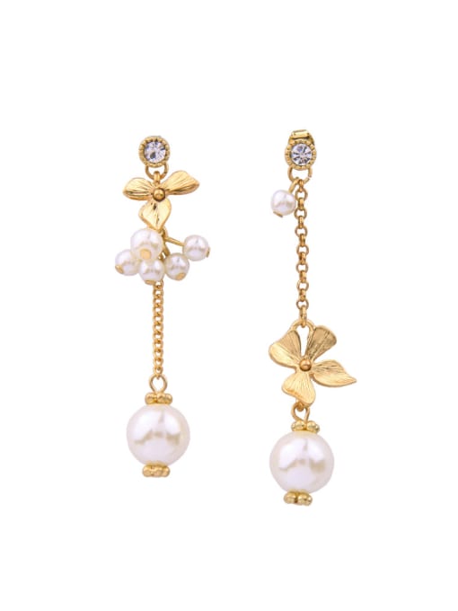 KM Flower Artificial Pearls Asymmetry Alloy Drop stud Earring 0