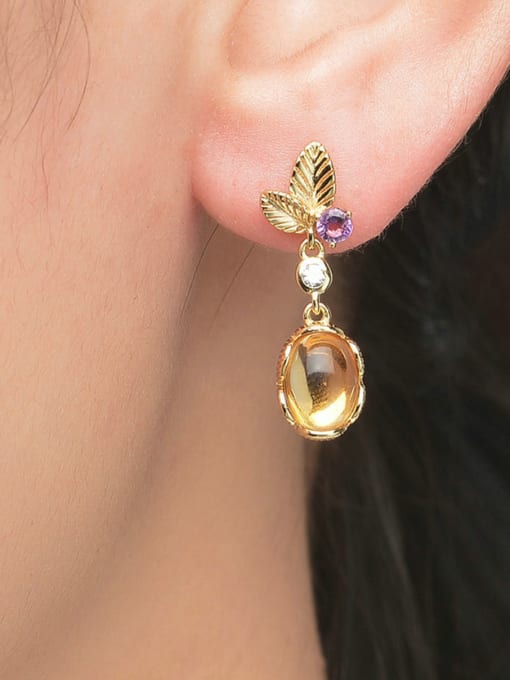 ZK Egg-shape Natural Yellow Crystal 14k Gold Plated Drop Earrings 1