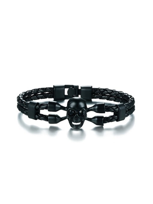CONG Punk Style Black Gun Plated Skull Artificial Leather Bracelet