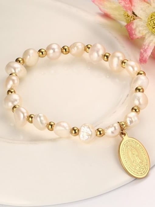 pink All-match Tag Shaped Freshwater Pearl Titanium Bracelet