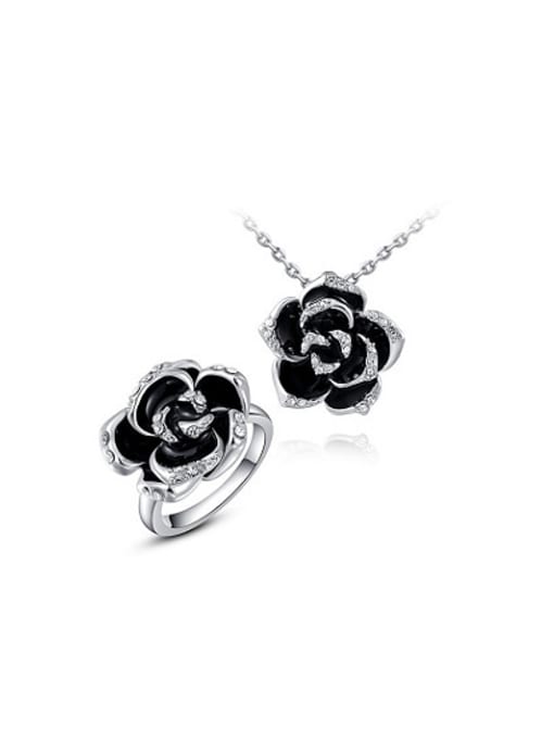 Platinum Black White Gold plated Flower Austria Crystal Two Pieces Jewelry Set