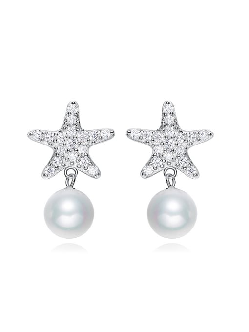 CEIDAI Fashion Artificial Pearl Shiny Zirconias-covered Star 925 Silver Stud Earrings 0