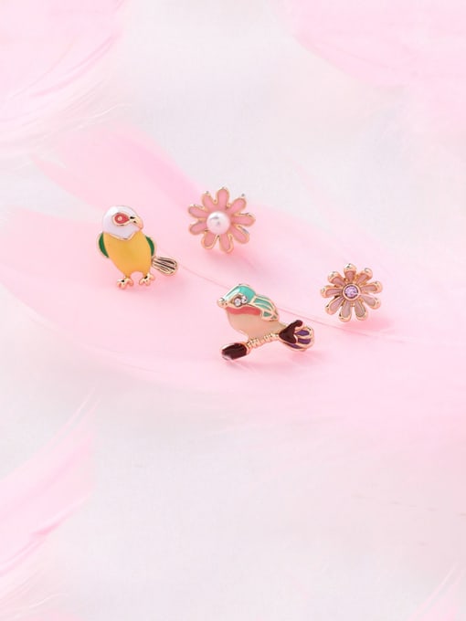 Girlhood Alloy With Rose Gold Plated Cute Asymmetry  Little Bird Flower  Stud Earrings 0