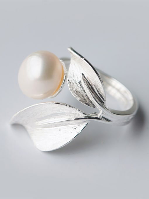 Rosh S925 silver leaves freshwater pearls exaggerate opening ring 1