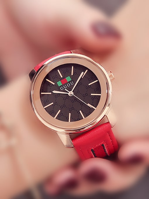 Red GUOU Brand Simple Round Mechanical Watch
