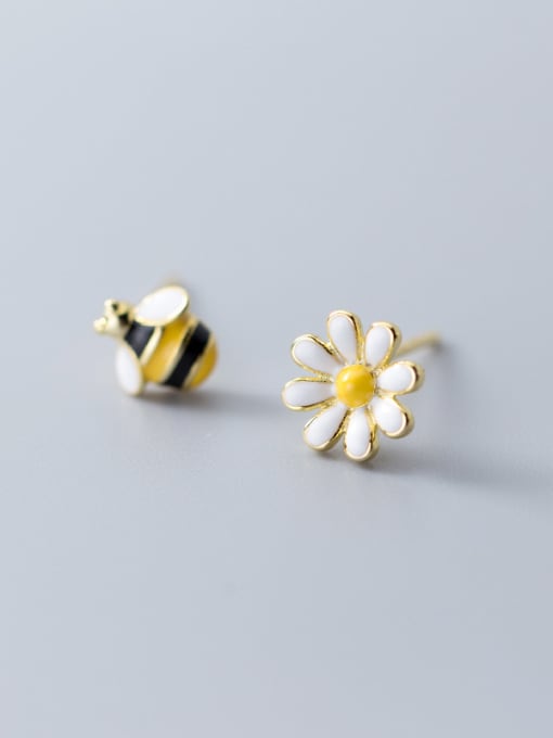 Rosh 925 Sterling Silver With Gold Plated Cute Asymmetric Bee Flower Stud Earrings 2