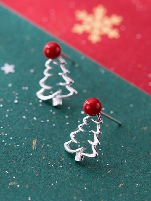 Christmas Tree Red Bay Pearl Ear Nails 925 Sterling Silver With  Cute Christmas gift Stud Earrings