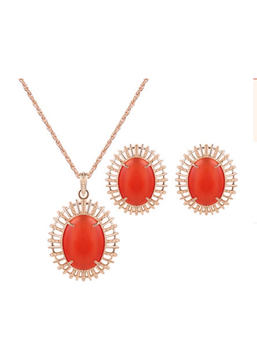 red Alloy Imitation-gold Plated Fashion Oval Artificial Stones Two Pieces Jewelry Set