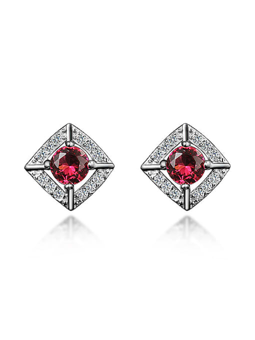 red Fashion Shiny Zirconias-covered Little Square 925 Silver Stud Earrings