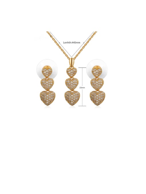 gold Copper With Cubic Zirconia Delicate Heart  Earrings And Necklaces 2 Piece Jewelry Set