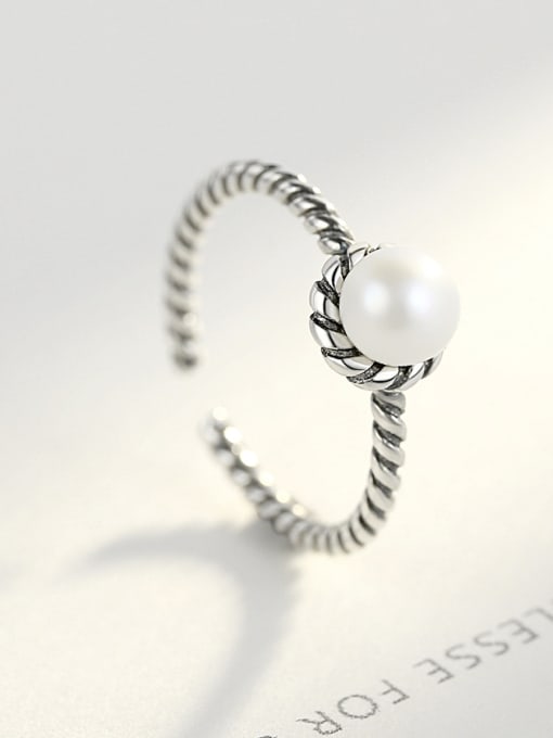 CCUI Pure silver retro threaded pearl Thai silver free size ring 2
