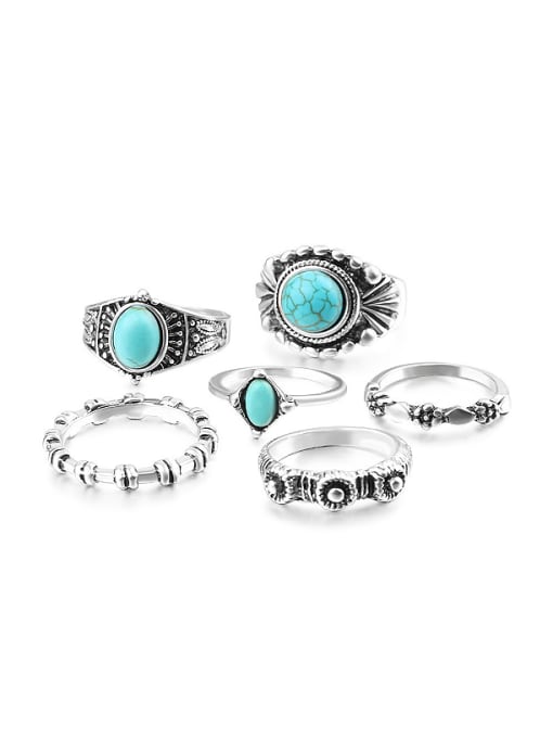 Gujin Retro style Turquoise Stones Antique Silver Plated Alloy Ring Set 0