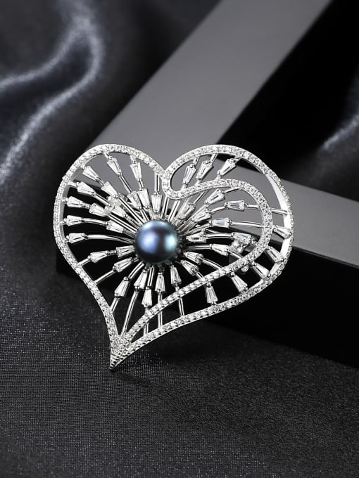 CCUI Sterling Silver 8-8.5mm natural pearl shining zircon heart type Brooch 0