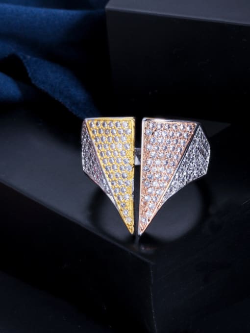 Tricolor platinum Copper With Cubic Zirconia   Luxury  Two Triangle Band Rings