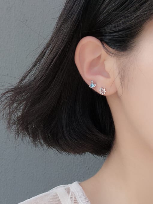 Peng Yuan Asymmetrical Tiny Blue Planet Sun 925 Silver Stud Earrings 1