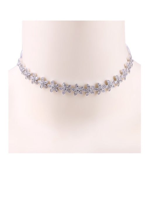 Platinum Copper With  Cubic Zirconia  Plated Delicate Flower Chokers  Necklace