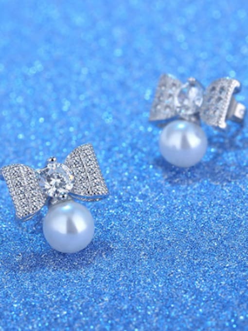 AI Fei Er Elegant Shiny Zirconias Bowknot Imitation Pearl Stud Earrings 2