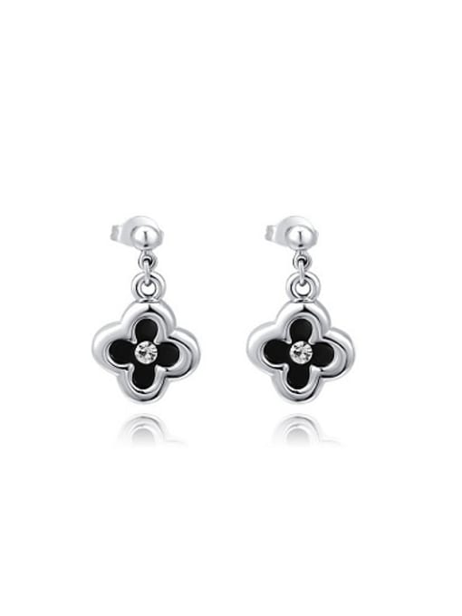 Platinum Black Flower Shaped Austria Crystal Enamel Drop Earrings