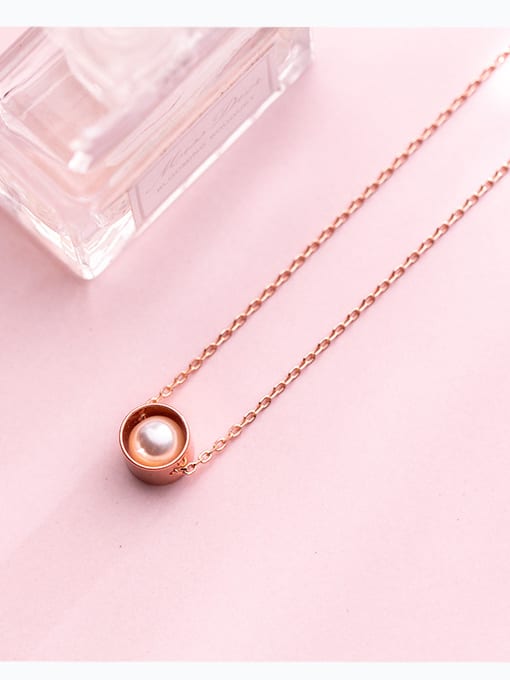Rosh Pure silver simple round rose gold synthetic pearl collarbone chain 2