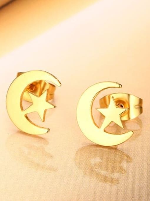 CONG Fresh Gold Plated Moon Shaped Titanium Stud Earrings 2