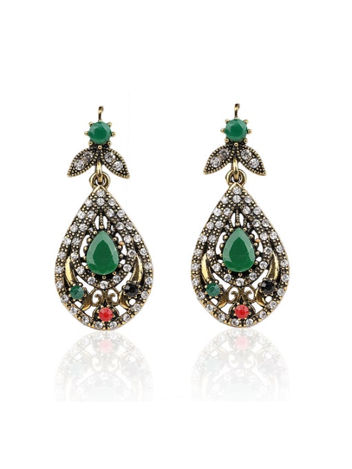 Gujin Retro Ethnic style Green Resin stones White Crystals Alloy Drop Earrings 0