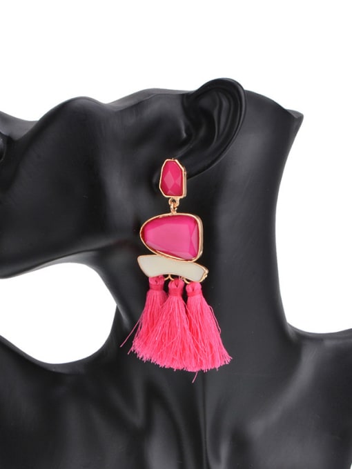 Rose Red Elegant Geometric Glass Stone Tassel Drop Earrings